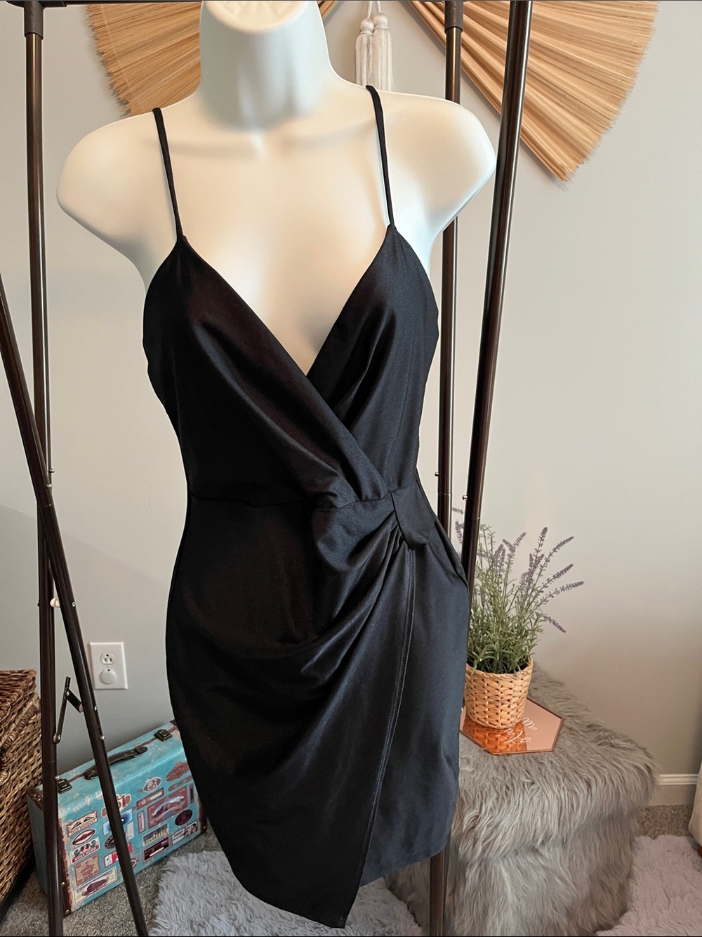 Black Knot-Front Spaghetti Strap Mini Dress